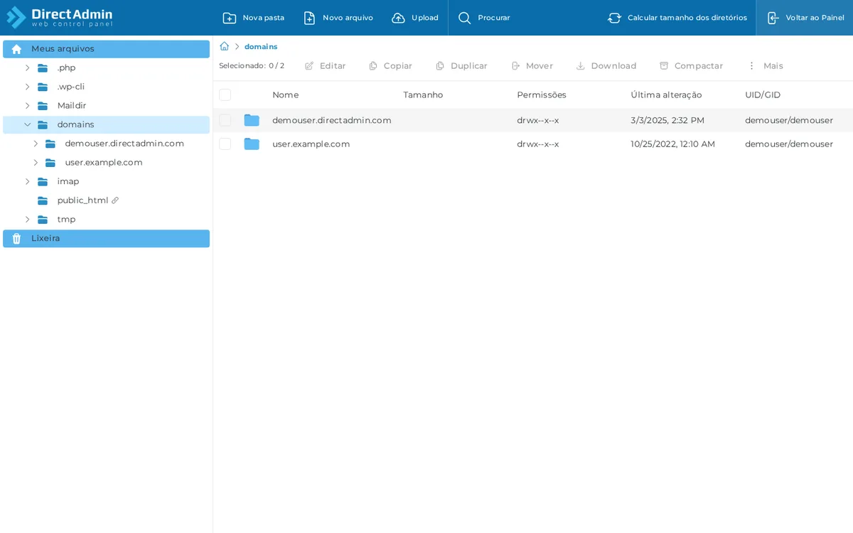 DirectAdmin, nível de usuário: Gerenciador de arquivos.