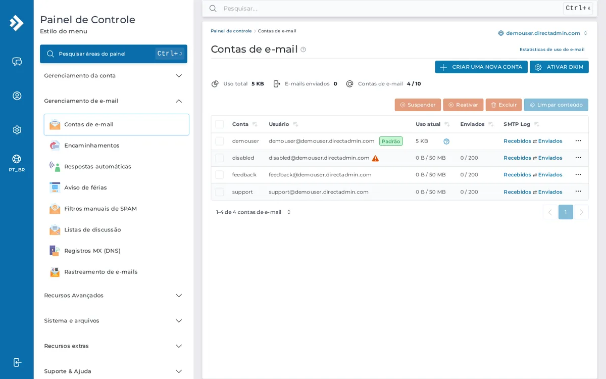 DirectAdmin, nível de usuário: Contas de e-mail com o seu domínio.