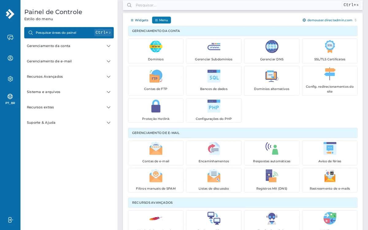 Menu do DirectAdmin no nível de usuário, na demonstração oficial